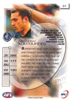2002 Select AFL Exclusive #61 Anthony Koutoufides Back